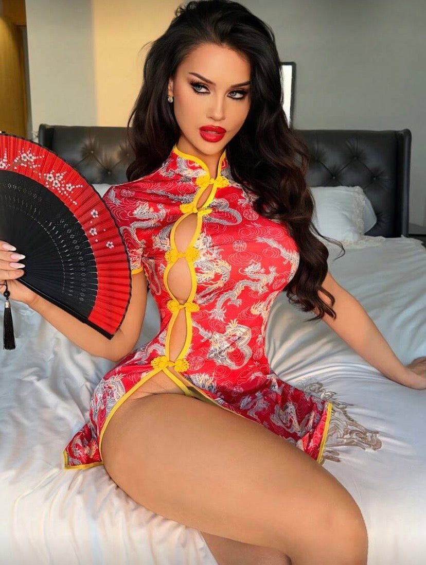 Ensemble lingerie 2 pièces style cheongsam – Jupe fendue à boutons et string assorti