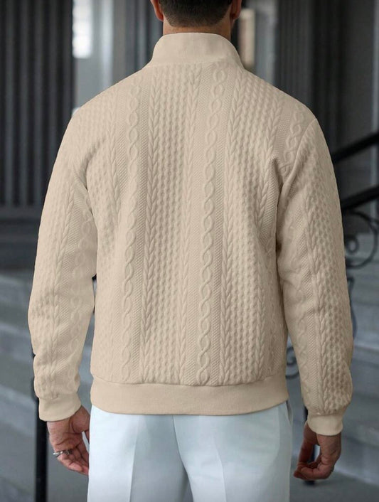 Sweat Homme Col Montant Demi-Zip, Couleur Unie Texturée, Style Minimaliste Décontracté