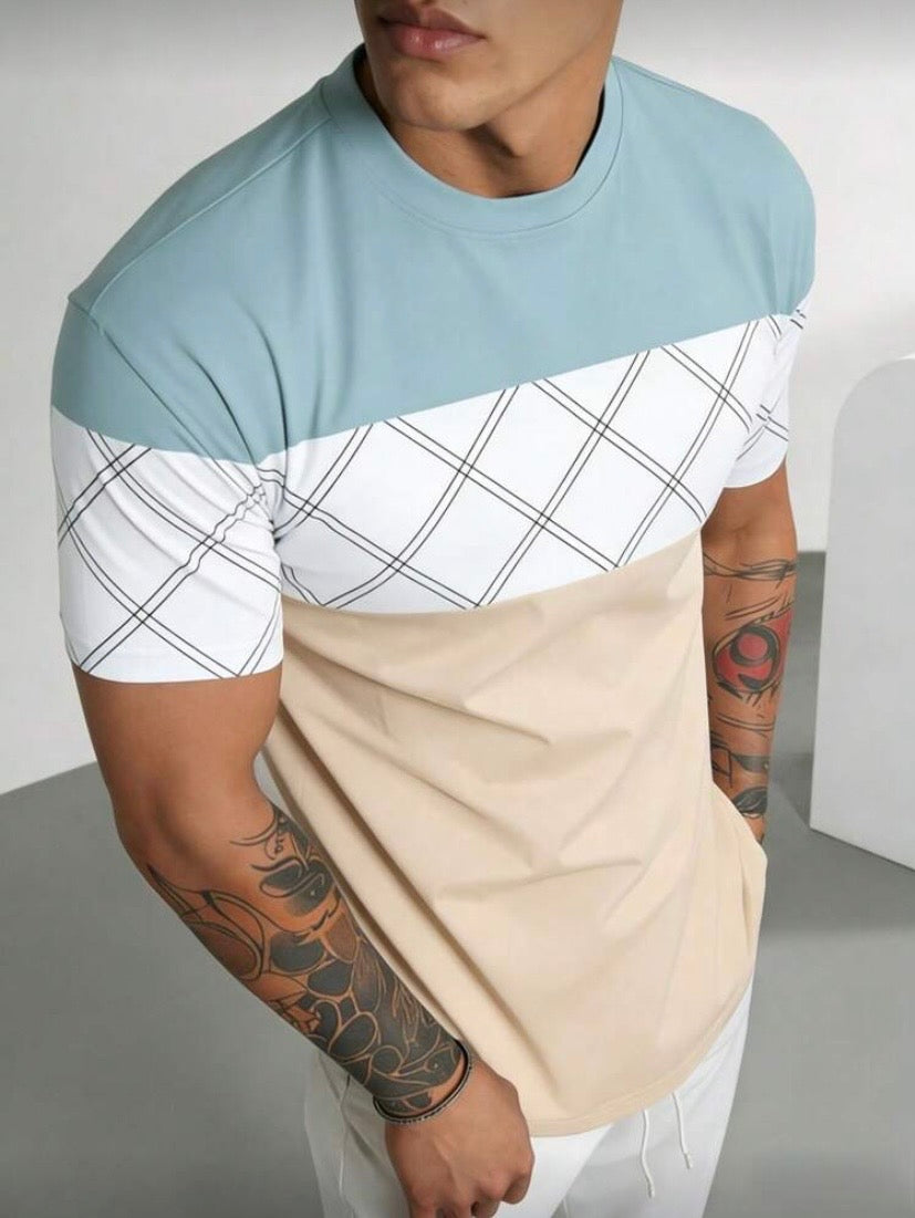 T-Shirt Homme Bicolore, Col Rond, Manches Courtes, Style Business Décontracté, Été