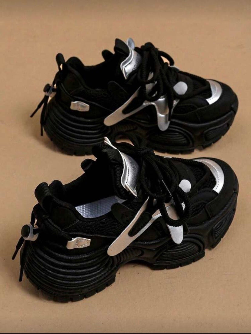 Baskets compensées à semelle épaisse en mesh respirant et patchwork cuir, style décontracté et élégant 👟