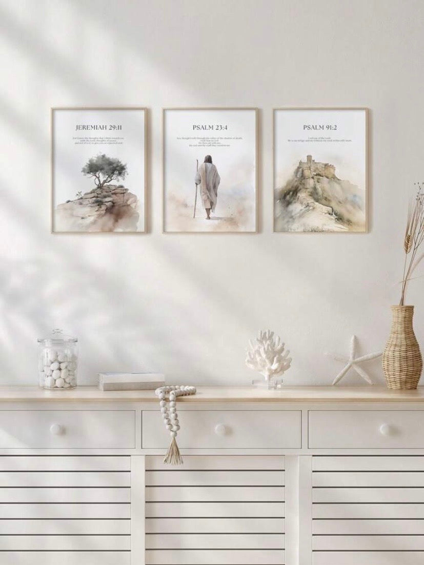 Lot de 3 toiles murales avec portrait de Jésus et paysage naturel, décoration bohème élégante sans cadre pour salon, bureau ou chambre, idée cadeau chrétienne raffinée