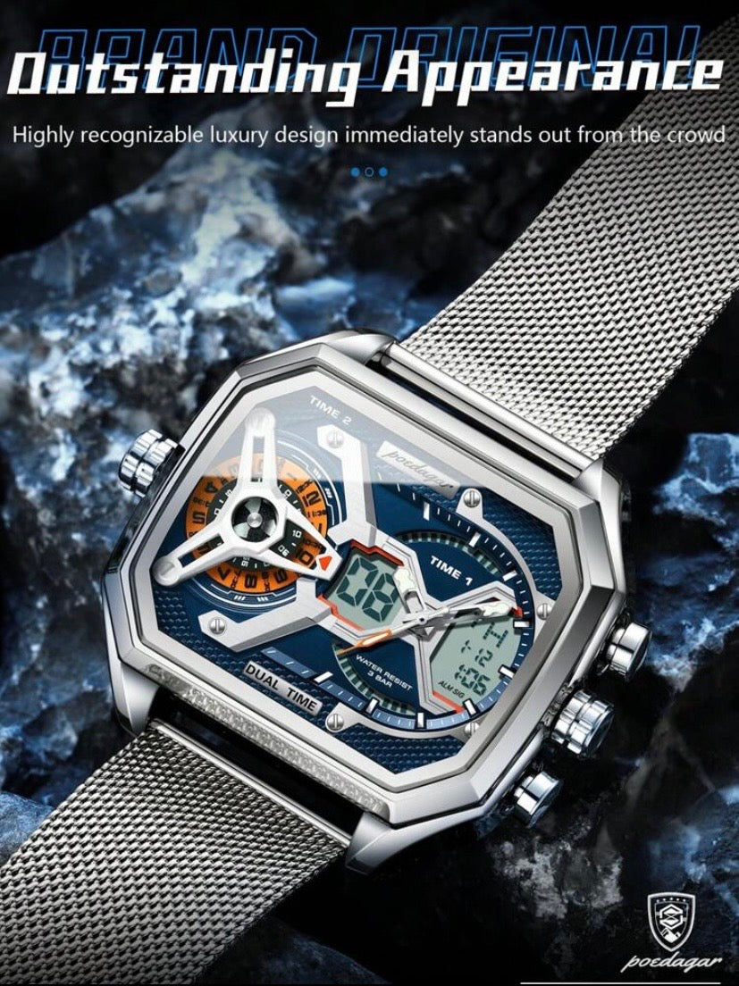 Montre Homme Multifonction en Acier à Maille, Affichage Date/Jour, LED et 3 Fuseaux Horaires, Étanche