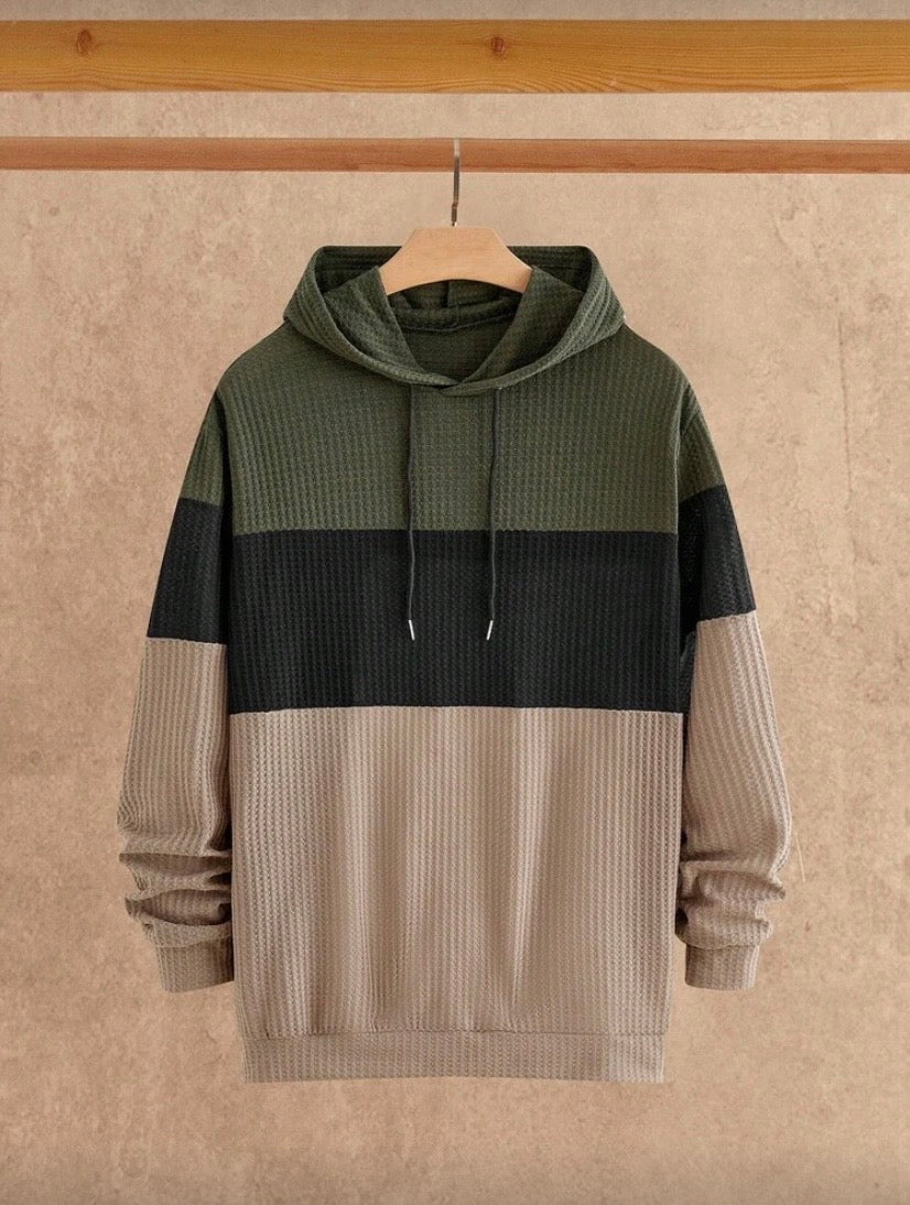 Hoodie Homme Maille Patchwork, Coupe Ample Épaules Tombantes, Noir et Blanc