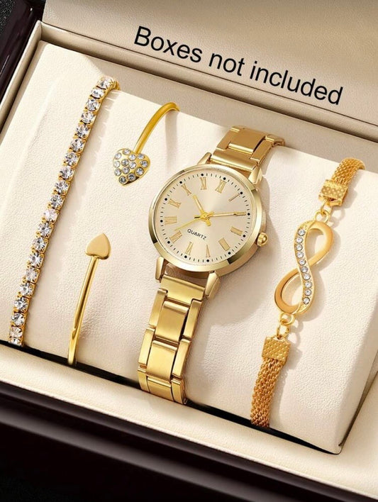 Coffret Élégance 4 Pièces – Montre Quartz à Chiffres Romains et Bracelets Assortis ✨🎁