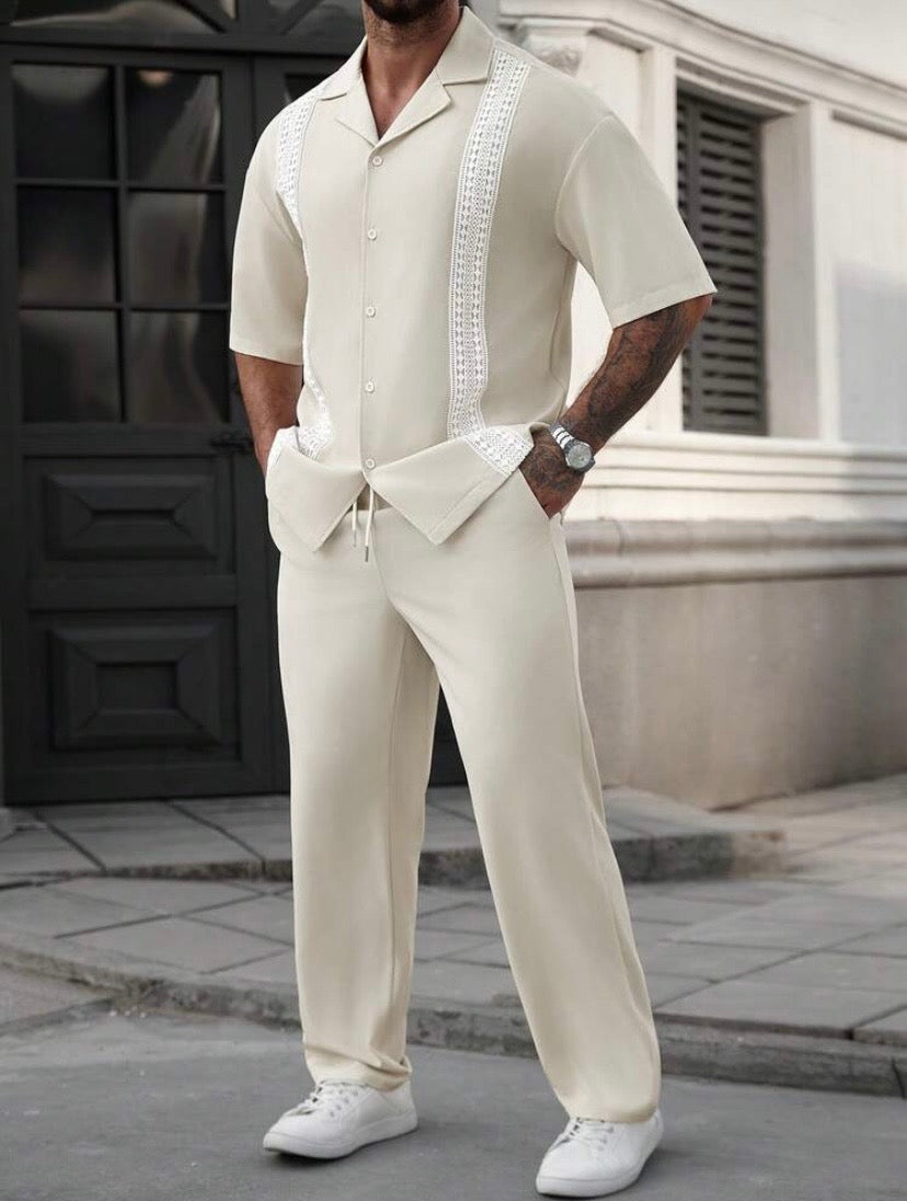 Ensemble décontracté 2 pièces pour homme avec chemise à manches courtes et pantalon à cordon, style vacances élégant et confortable pour le printemps, l’été et l’automne