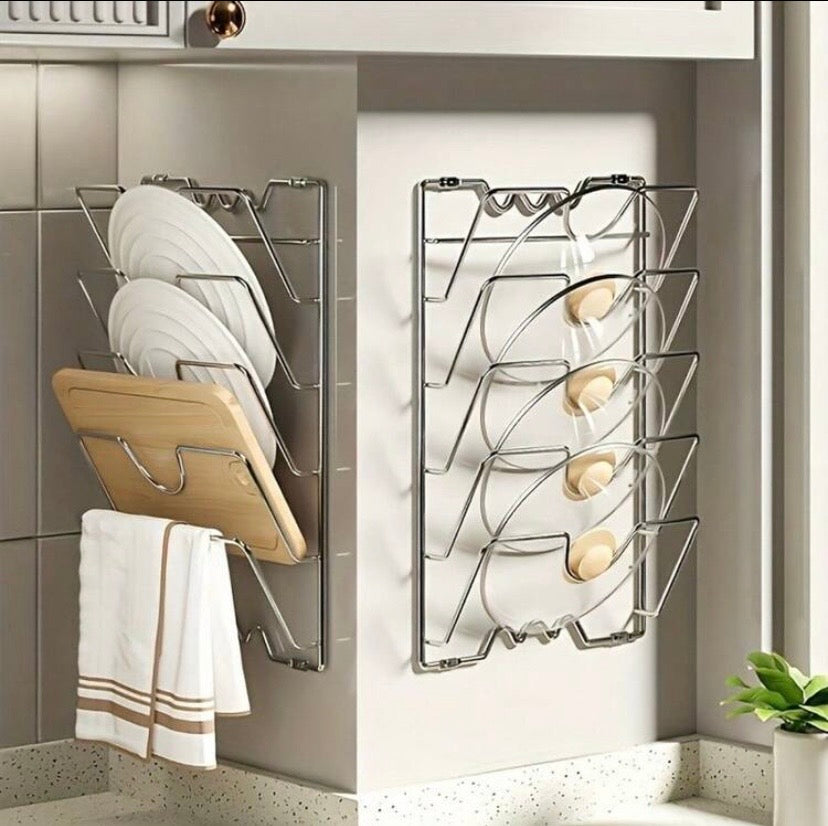 Organisateur mural de cuisine en acier inoxydable 304 avec rangement multicouche, idéal pour couvercles et accessoires tout en optimisant l’espace.