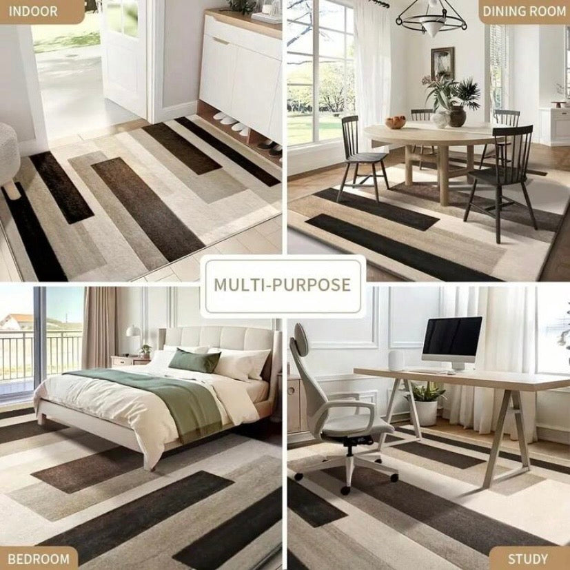 Tapis en velours style campagne américaine avec motifs abstraits, antidérapant et lavable en machine, idéal pour chambre, bureau ou entrée.