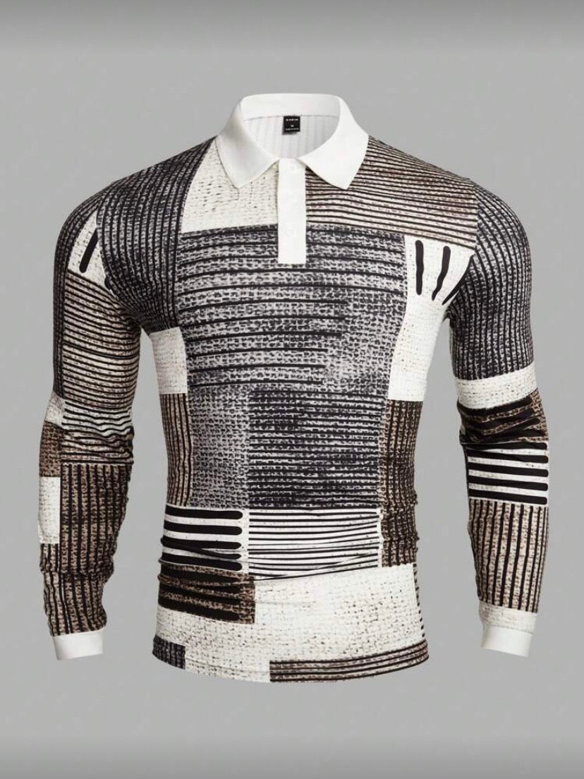 Polo Homme Patchwork à Manches Longues – Demi-Boutons, Style Urbain Automne