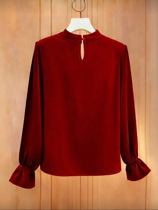 T-shirt ajusté à col rond avec fronces et boutons perles, style élégant 👚