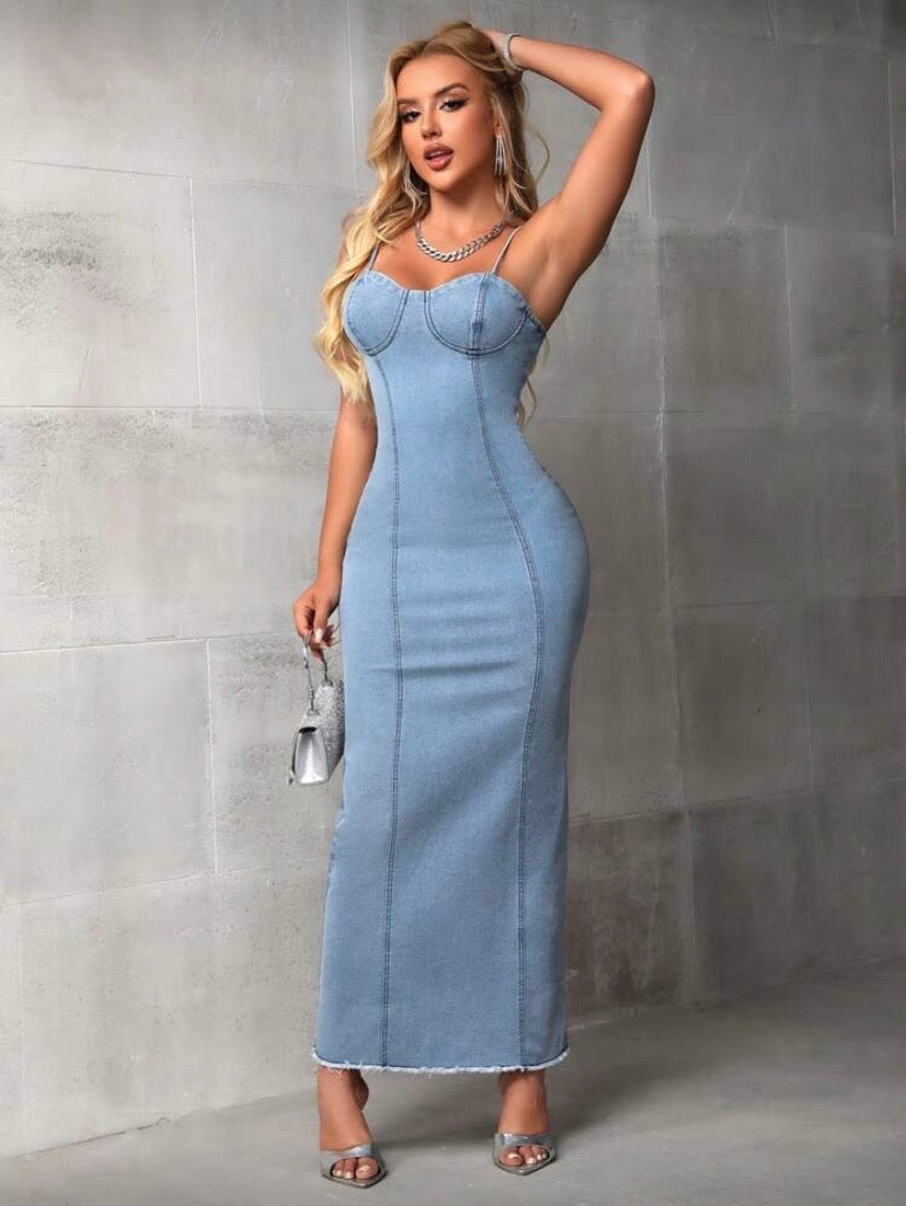 Robe Jean Femme Sans Manches avec Fente – Coupe Ajustée