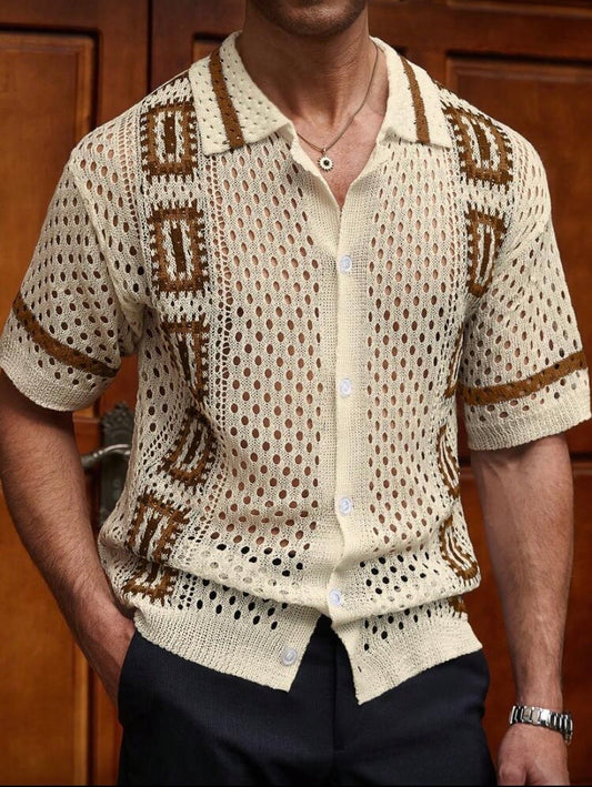 T-shirt Homme Tricot à Manches Courtes, Couleur Contrastée, Détails Découpés