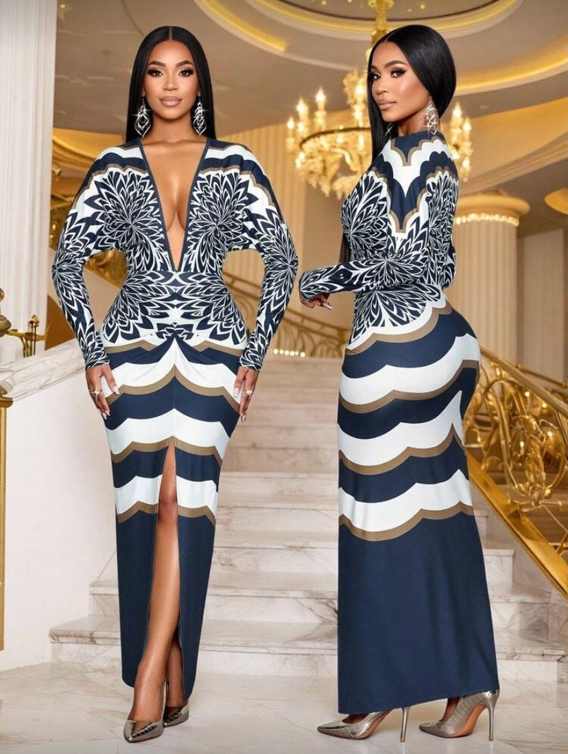 Robe moulante à manches longues, col V profond, imprimé géométrique et fente élégante ✨