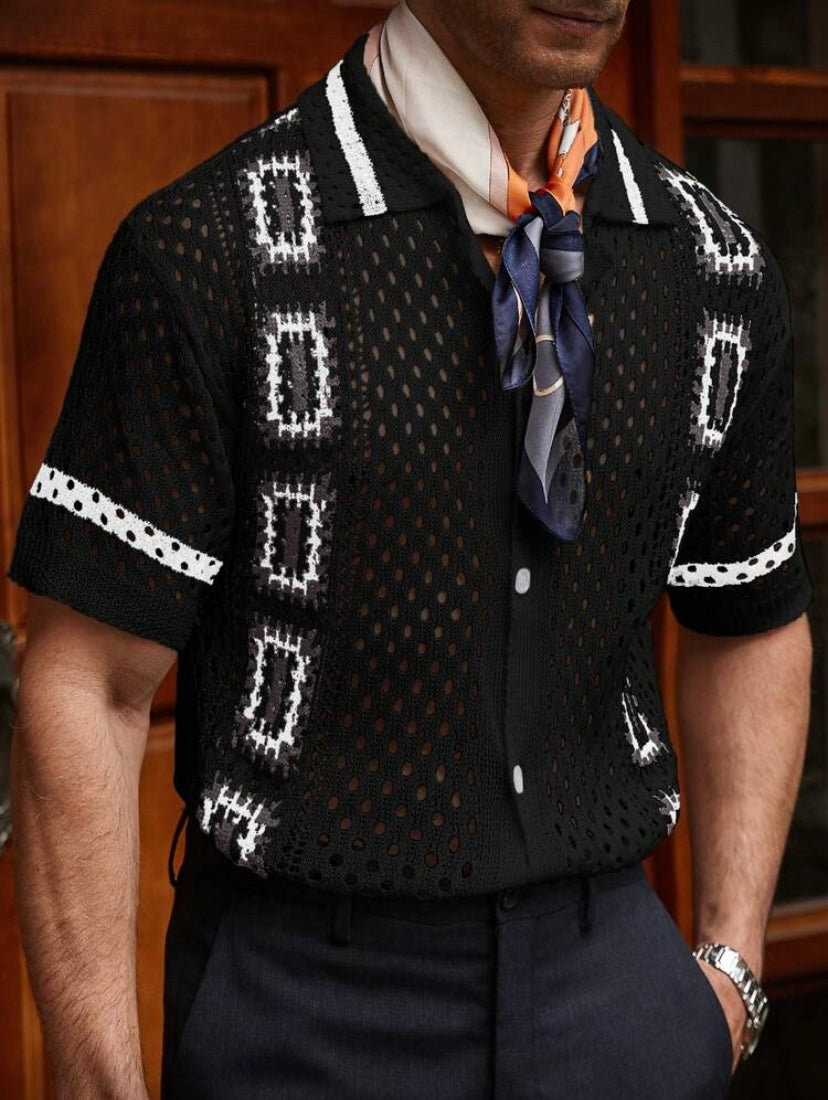 T-shirt Homme Tricot à Manches Courtes, Couleur Contrastée, Détails Découpés