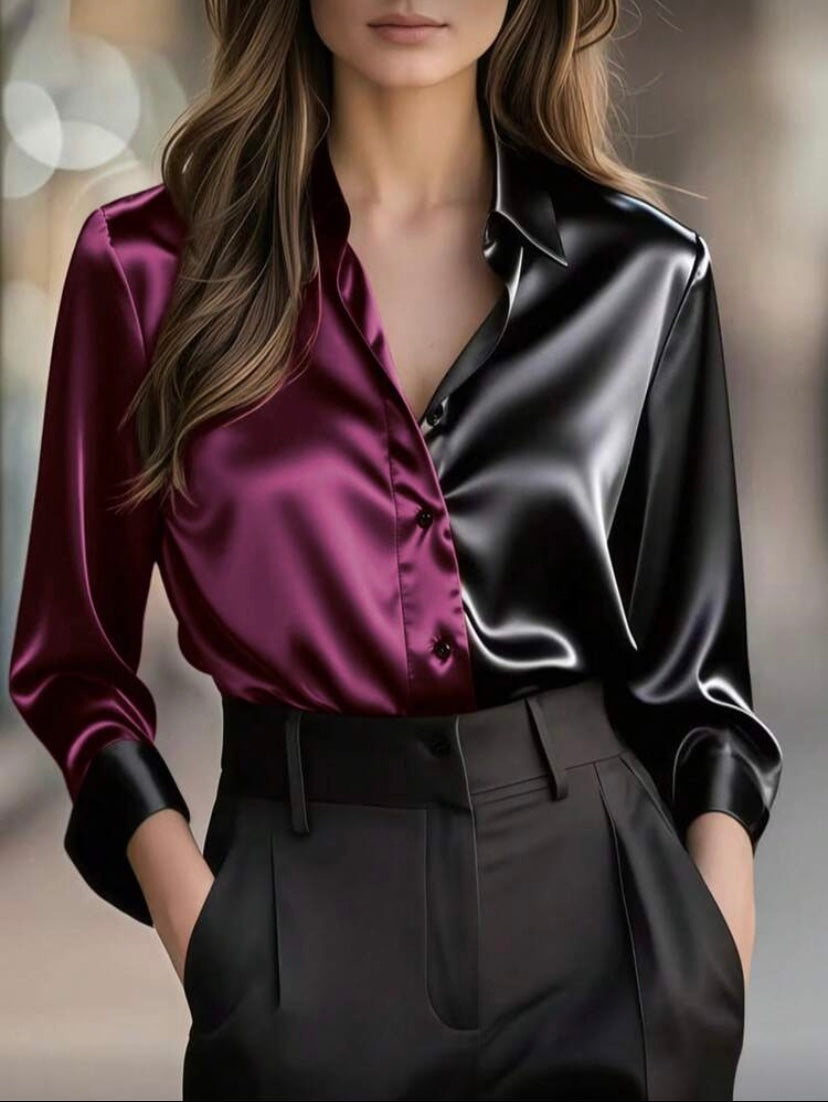 Chemise satinée à boutons et color block, manches longues, style élégant pour le quotidien 👚