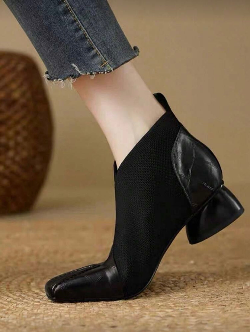 Chaussures Femme à Décolleté Profond – Bout Carré, Talon Moyen Épais, Bottines Élastiques Élégantes Printemps/Automne