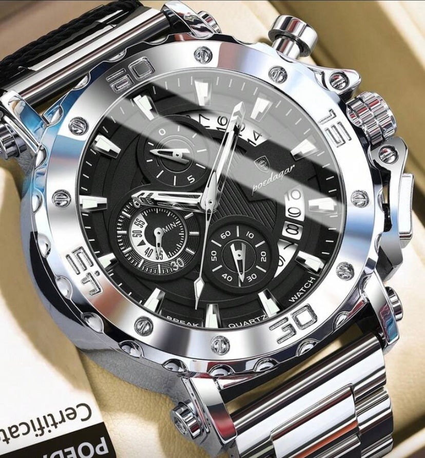 Montre Homme Quartz Chronographe en Acier Inoxydable, Affichage Date et Aiguilles Lumineuses, Style Sport Quotidien