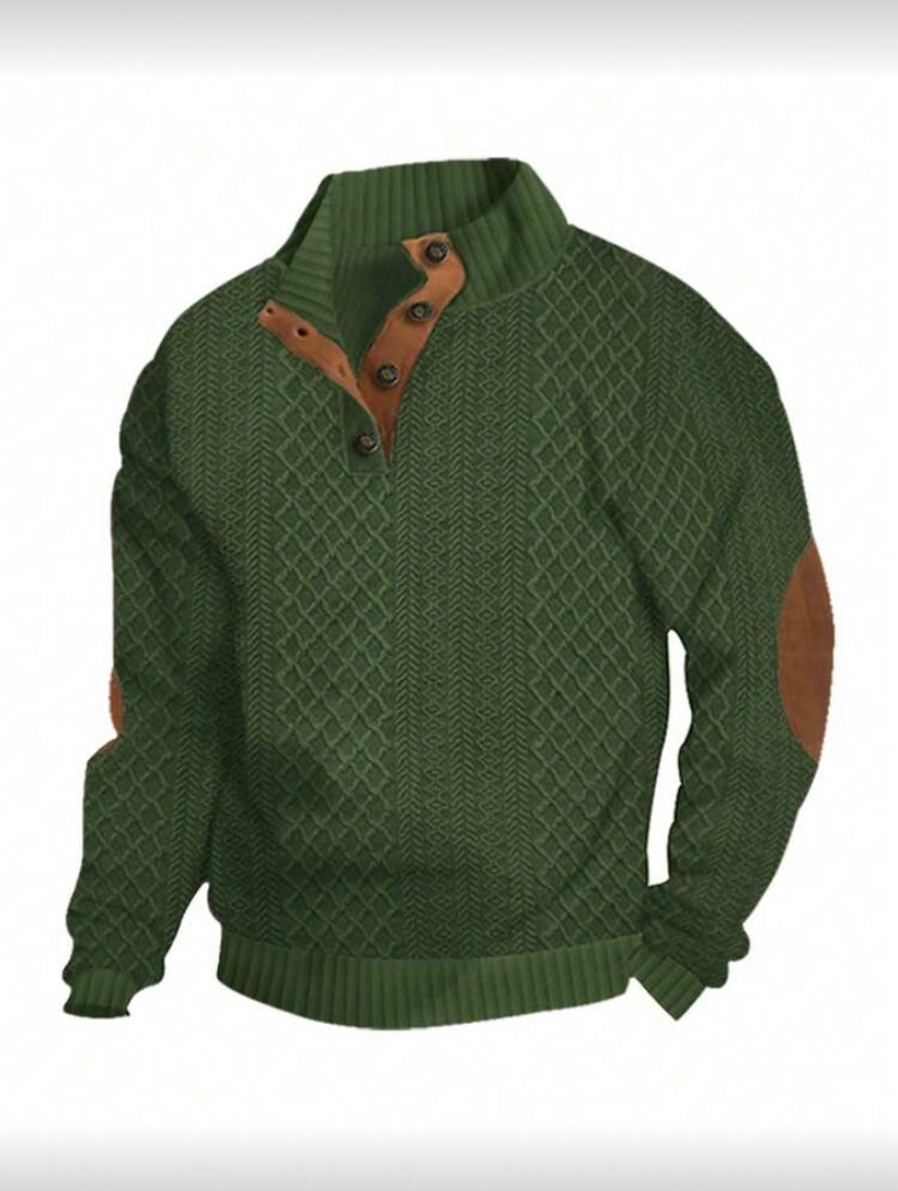 Polo Homme Demi-Zip en Maille Jacquard – Patchs aux Coudes, Style Vintage Printanier & Automnal