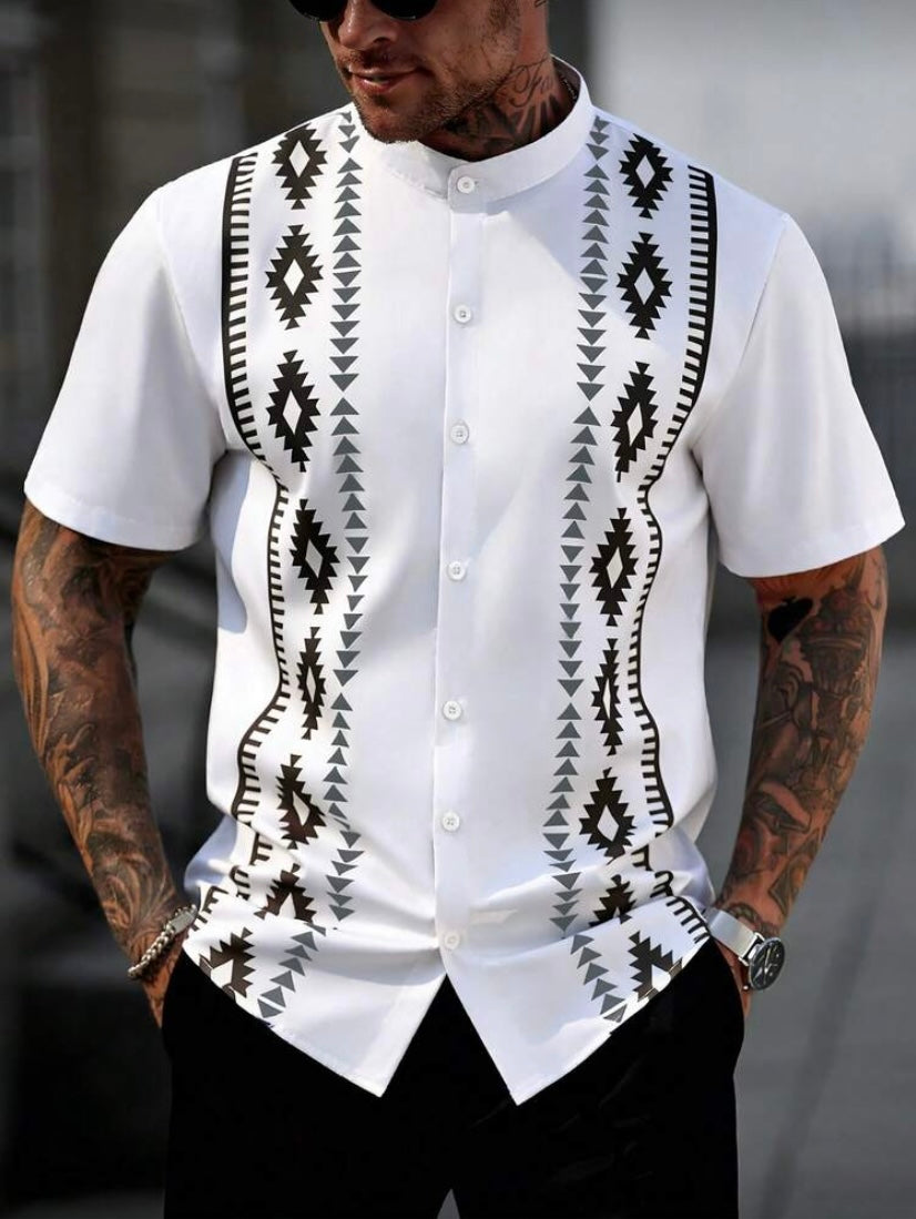 Chemise Homme Imprimé Graphique, Manches Courtes, Fermeture Boutonnée, Style Décontracté