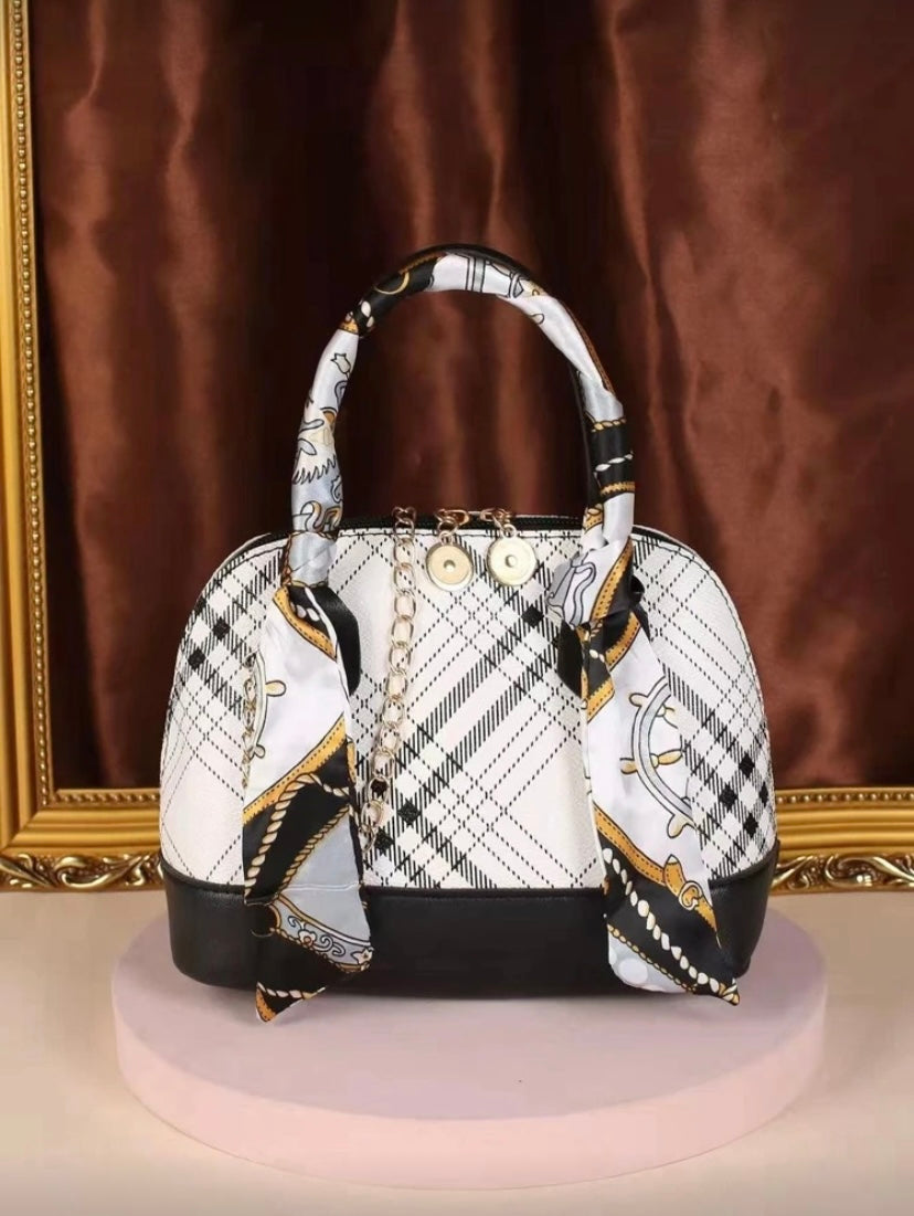 Mini sac à motif géométrique métallique avec foulard et chaîne, porté main ou croisé, fermeture éclair 👜