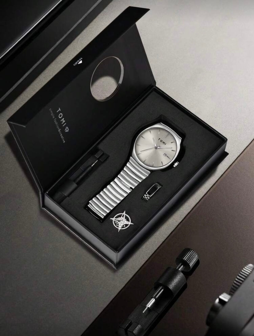 Montre Homme avec Broche Étoile et Bague, Bracelet Alliage de Zinc, Cadran Rond Quartz, Coffret Cadeau