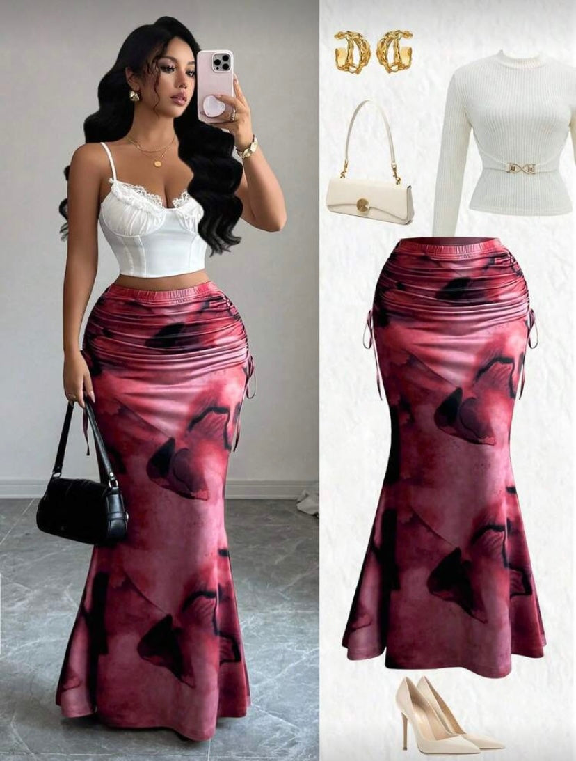 Jupe Longue Taille Haute Plissée, Imprimé Tie-Dye Vintage, Coupe Ajustée, Ourlet Sirène Élégant