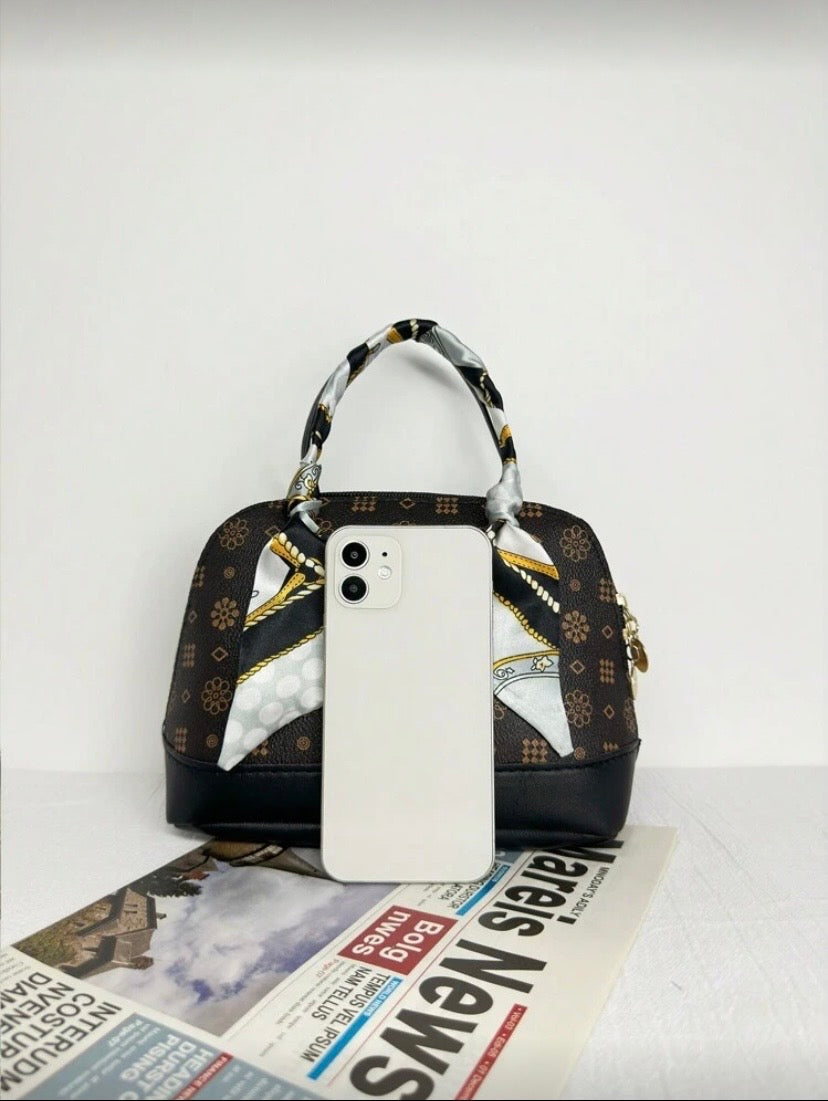 Mini sac à motif géométrique métallique avec foulard et chaîne, porté main ou croisé, fermeture éclair 👜