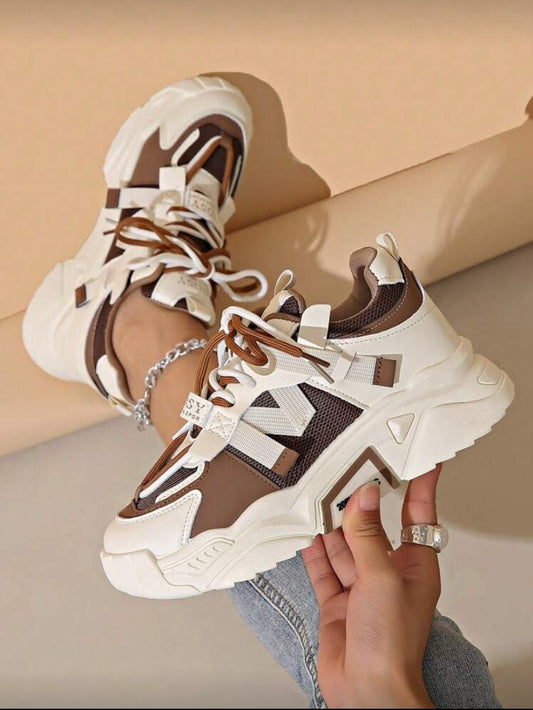 Baskets épaisses à lacets en mesh, bout rond et color block, style décontracté polyvalent 👟