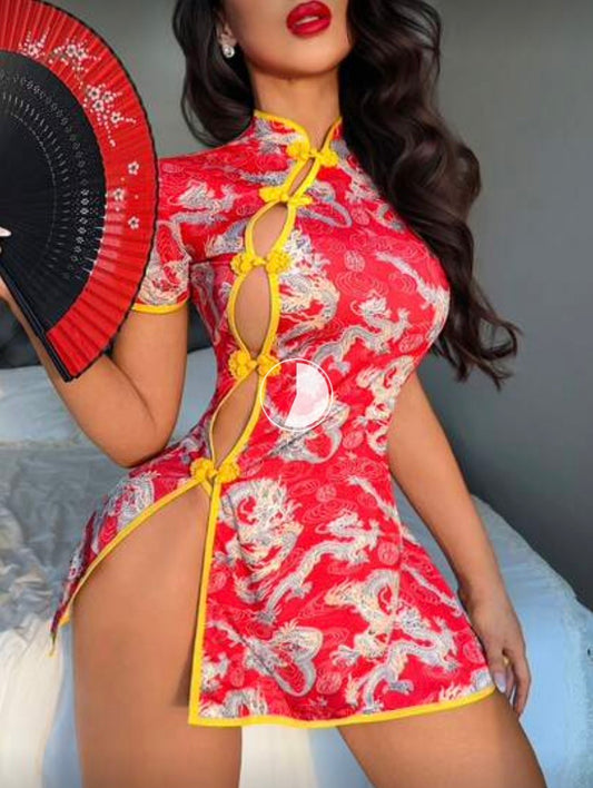 Ensemble lingerie 2 pièces style cheongsam – Jupe fendue à boutons et string assorti