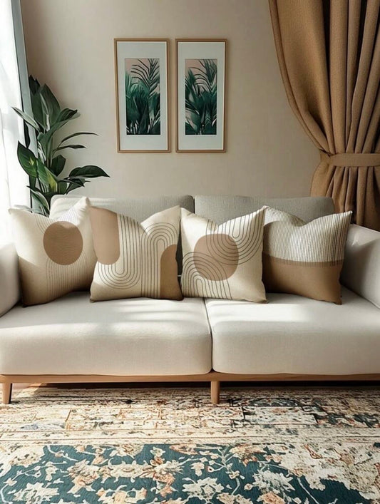 Lot de 4 housses de coussin au design minimaliste et bohème, avec fermeture zippée, lavables et idéales pour la décoration intérieure ou extérieure.