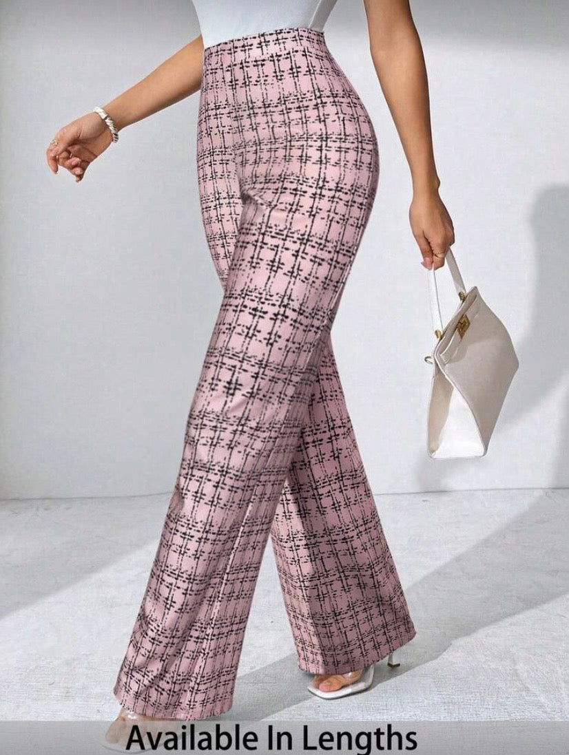 Pantalon Palazzo Grande Taille, Imprimé Carreaux, Maille Élastique, Coupe Large Élégante, Automne