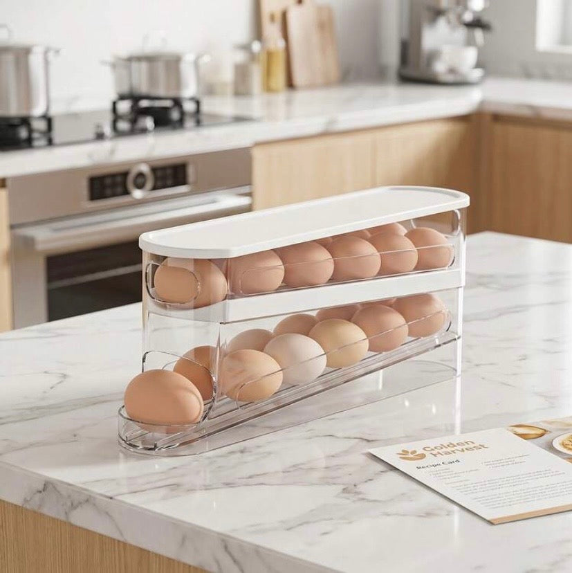 Boîte de rangement pour œufs à rouleau automatique double niveau, idéale pour conserver et organiser les œufs au réfrigérateur ou en cuisine.