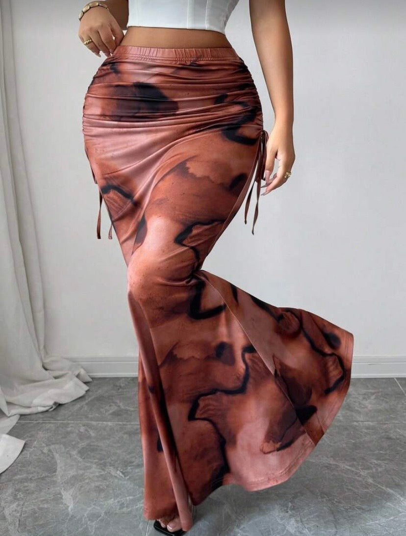 Jupe Longue Taille Haute Plissée, Imprimé Tie-Dye Vintage, Coupe Ajustée, Ourlet Sirène Élégant