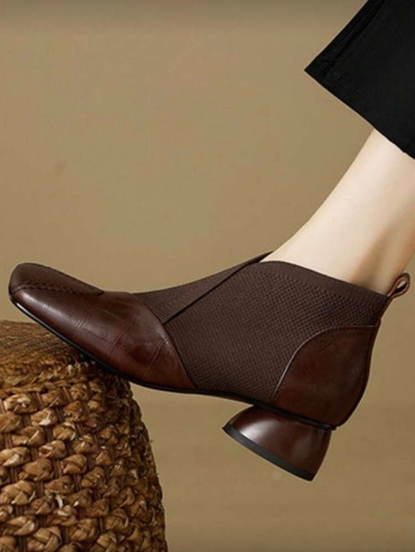 Chaussures Femme à Décolleté Profond – Bout Carré, Talon Moyen Épais, Bottines Élastiques Élégantes Printemps/Automne