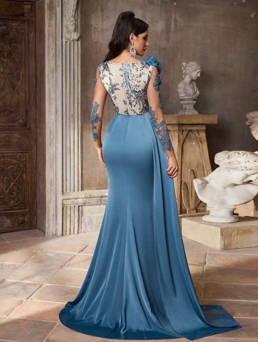 Robe de soirée luxueuse en satin à col V avec sequins raffinés, manches drapées en chiffon et coupe sirène plissée, idéale pour galas, mariages et occasions formelles