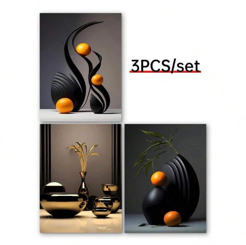 Lot de 3 affiches abstraites sur toile avec effet sculpture 3D, décoration murale moderne sans cadre pour salon, chambre ou bureau.