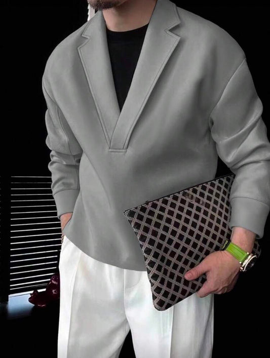 Sweatshirt Homme Uni à Col Revers – Manches Longues, Style Casual Automne