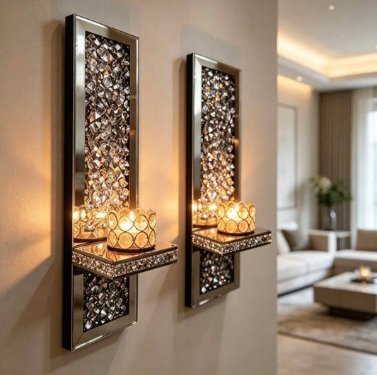 Lot de supports muraux pour bougies au design miroir argenté avec bougeoirs dorés, décoration murale moderne pour chambre ou salle à manger.