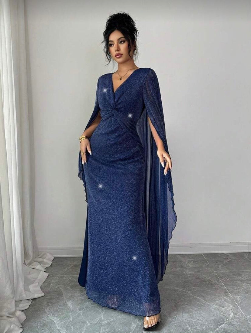 Robe maxi scintillante à manches longues, col V torsadé et coupe fluide élégante