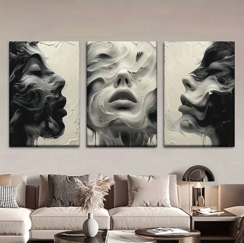 Lot de 3 toiles abstraites visage de femme, posters sans cadre, décoration murale moderne pour salon, bureau ou café.