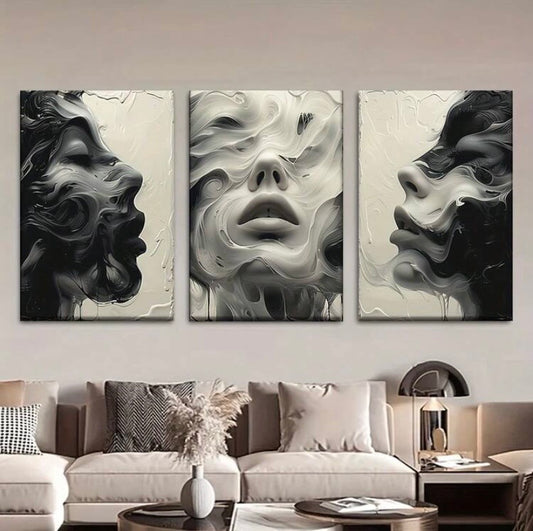 Lot de 3 toiles abstraites visage de femme, posters sans cadre, décoration murale moderne pour salon, bureau ou café.