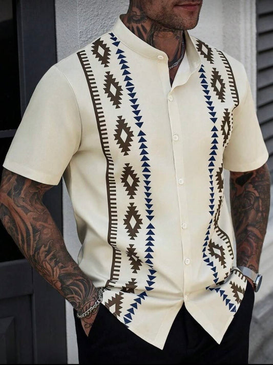 Chemise Homme Imprimé Graphique, Manches Courtes, Fermeture Boutonnée, Style Décontracté