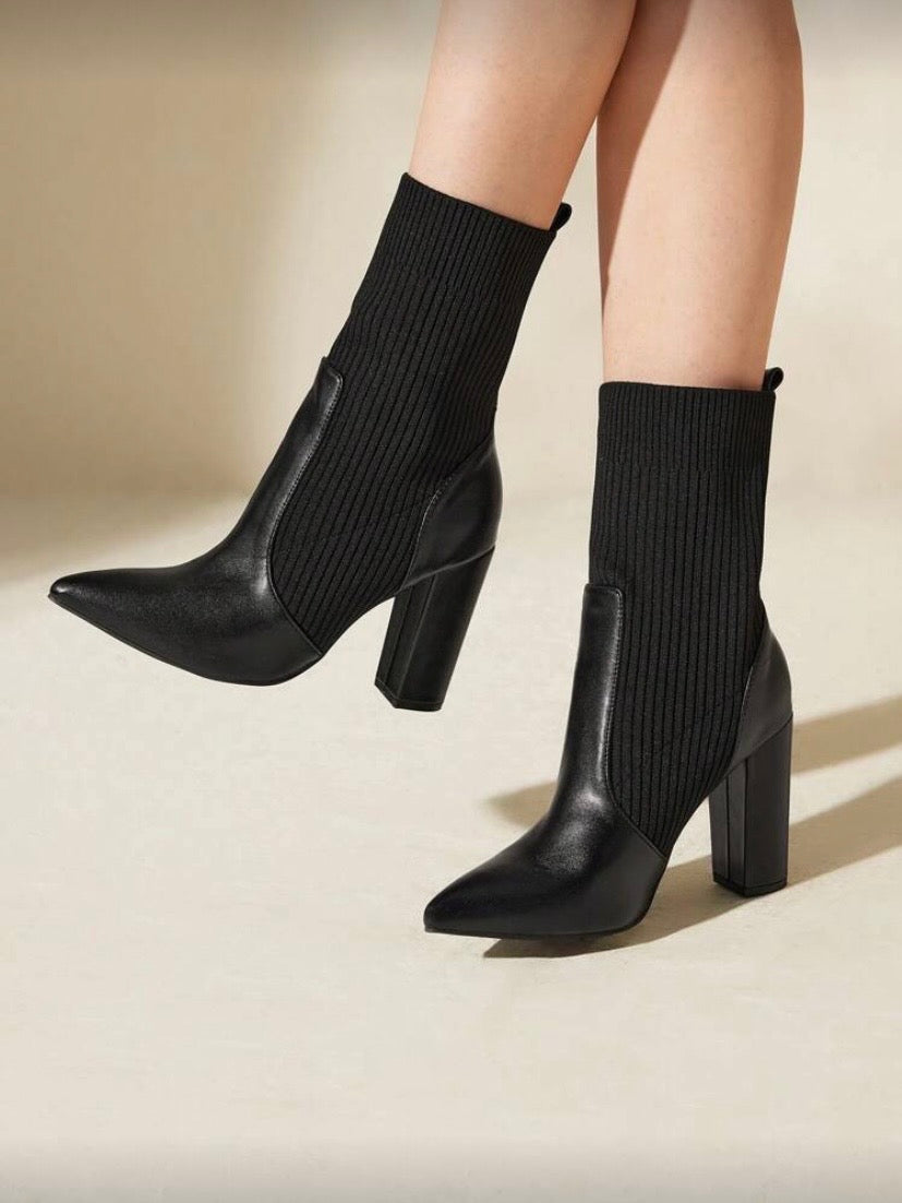 CUCCOO BASICS Apricot Color Fabric Chelsea Pointed Toe Chunky High Heel Mid-Calf Boots, Fashion Women Shoes For And Spring Shoes Spring Break Easter For Christmas