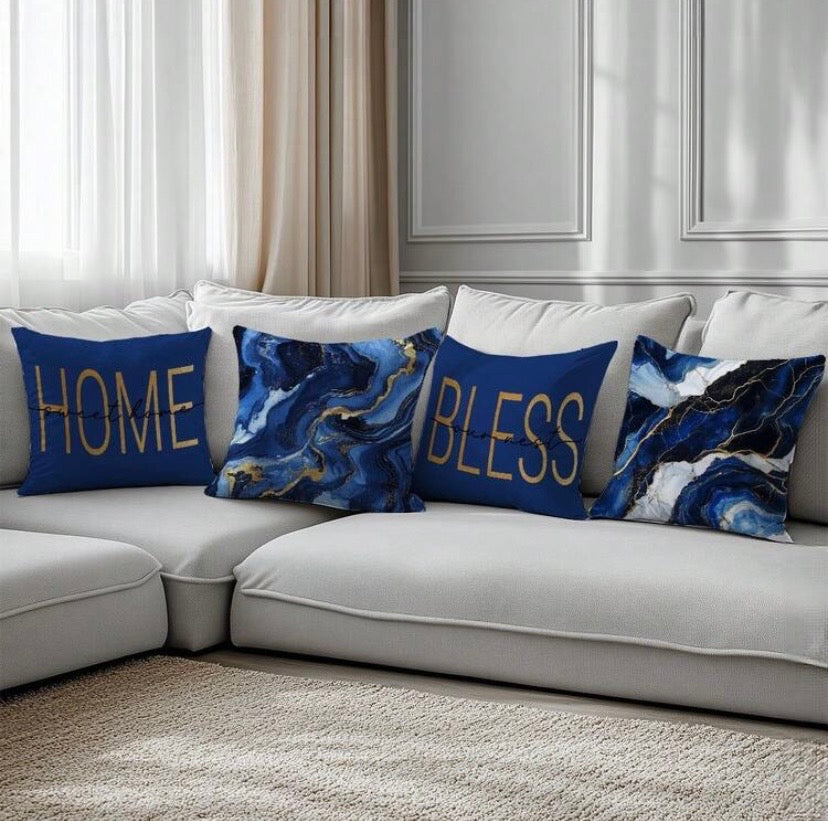 Lot de 6 housses de coussin à motif marbre bleu en velours doux, idéales pour apporter une touche moderne à votre salon ou votre chambre.