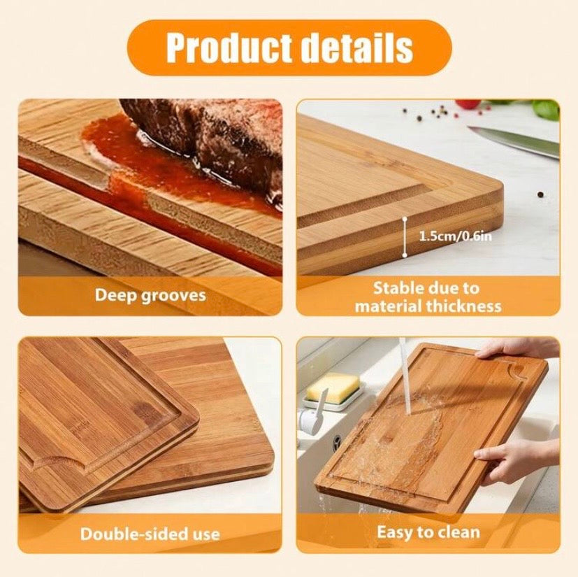 Lot de 3 planches à découper en bambou, robustes et durables, avec rainures récupératrices de jus, idéales pour la cuisine et le service.