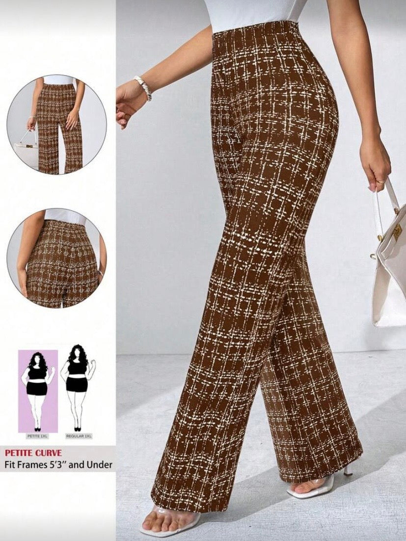 Pantalon Palazzo Grande Taille, Imprimé Carreaux, Maille Élastique, Coupe Large Élégante, Automne