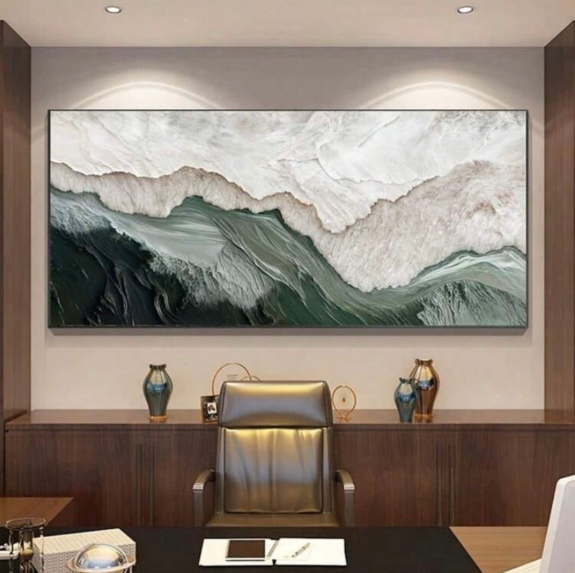 Grande toile abstraite verte style peinture à l’huile sans cadre, décoration murale pour salon ou chambre, 50 × 100 cm.