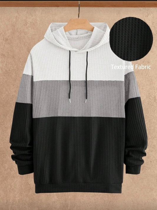 Hoodie Homme Maille Patchwork, Coupe Ample Épaules Tombantes, Noir et Blanc