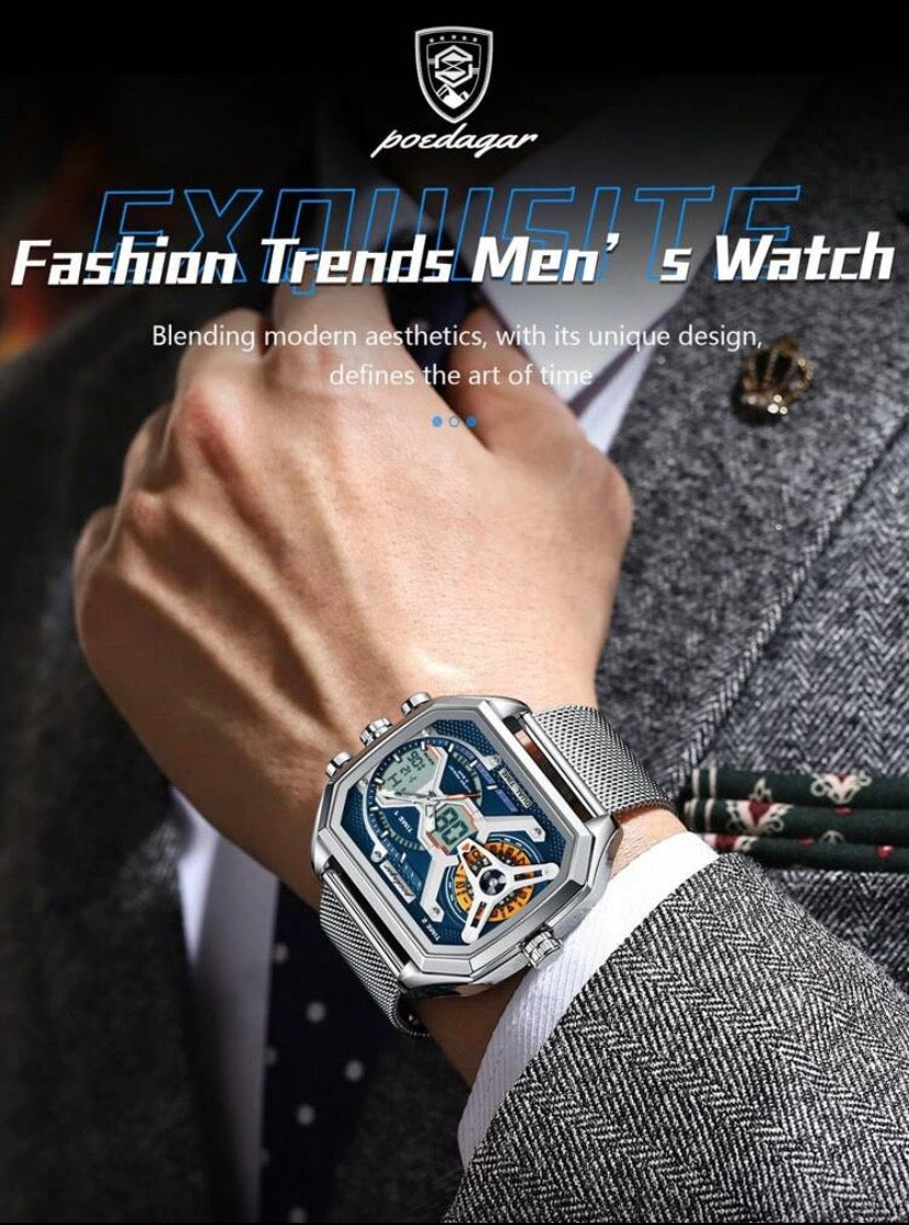 Montre Homme Multifonction en Acier à Maille, Affichage Date/Jour, LED et 3 Fuseaux Horaires, Étanche