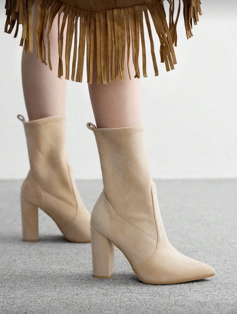 CUCCOO BASICS Apricot Color Fabric Chelsea Pointed Toe Chunky High Heel Mid-Calf Boots, Fashion Women Shoes For And Spring Shoes Spring Break Easter For Christmas