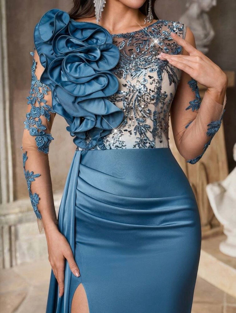 Robe de soirée luxueuse en satin à col V avec sequins raffinés, manches drapées en chiffon et coupe sirène plissée, idéale pour galas, mariages et occasions formelles